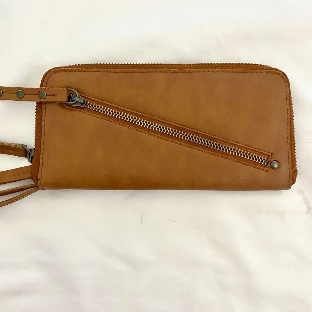 Free People Distressed Vegan Wallet Worn Finish Wrist strap Clutch Brown Tan